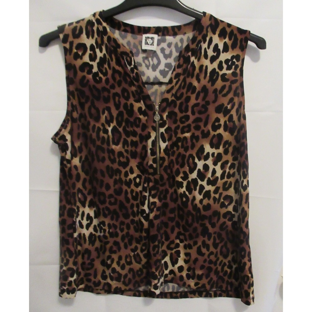 Anne Klein Women's Half-zip Sleeveless Leopard Print Blouse Large Career Casual